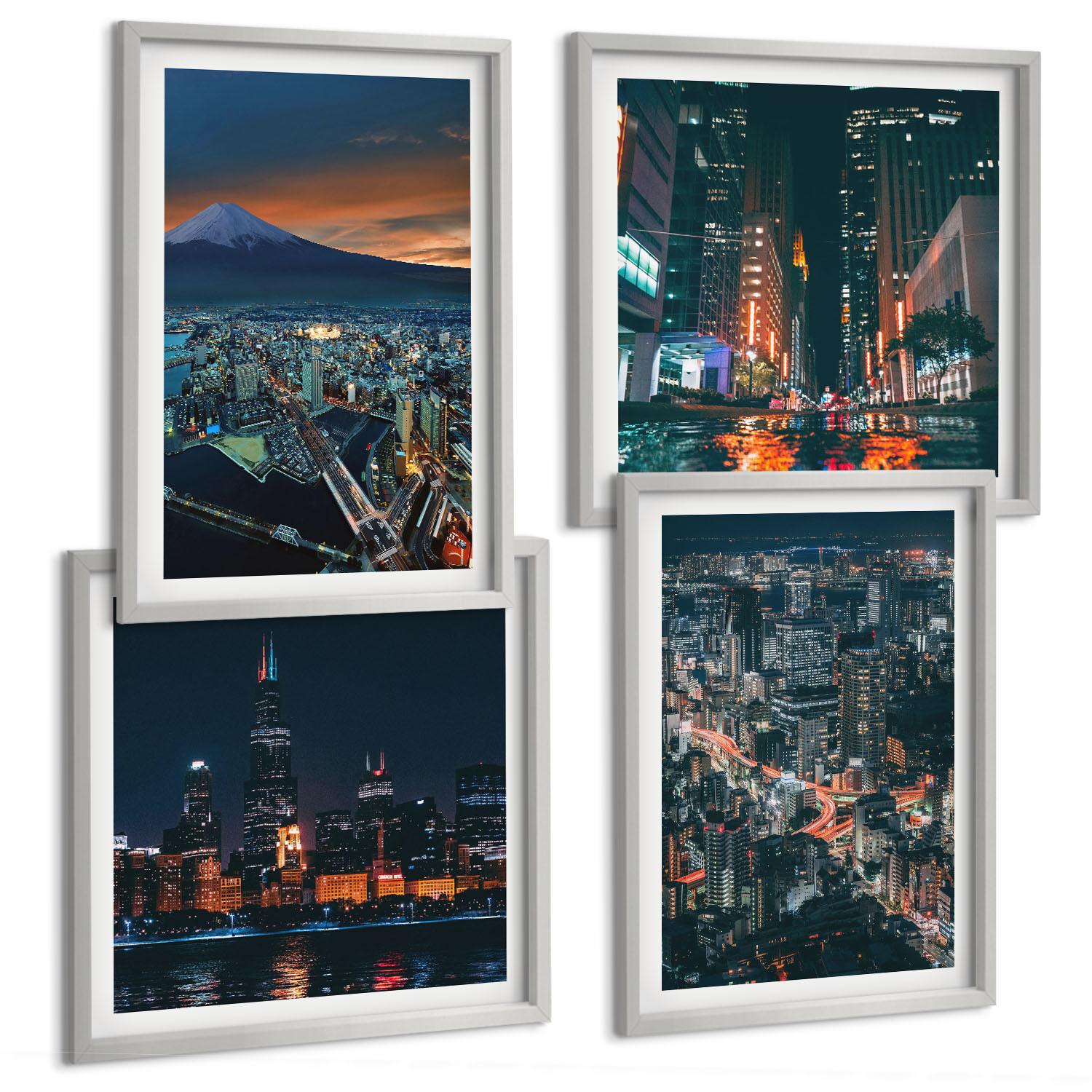 BILDER SET 4er Set - 50x50 cm & 40x60 cm Silberner Rahmen - Bergpanorama der Stadt bei Nacht - Silberfarben, Kunststoff (50/50cm) - TULUP