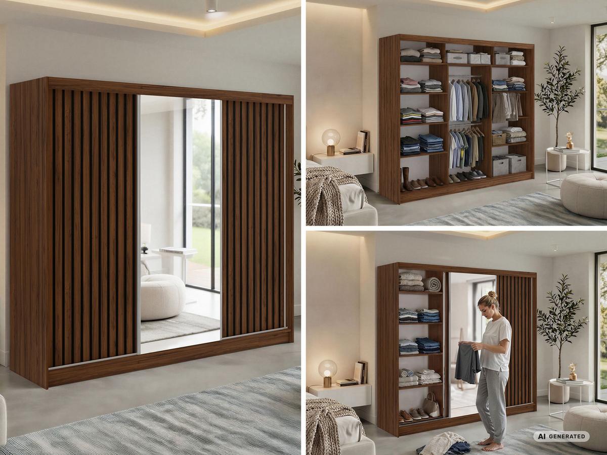 SCHWEBETÜRENSCHRANK mit Spiegel LAOS - 240 - Warmia Walnuss - Schwarz Lamellen - Walnussfarben/Alufarben, Holzwerkstoff/Metall (240/216/61cm) - MKS