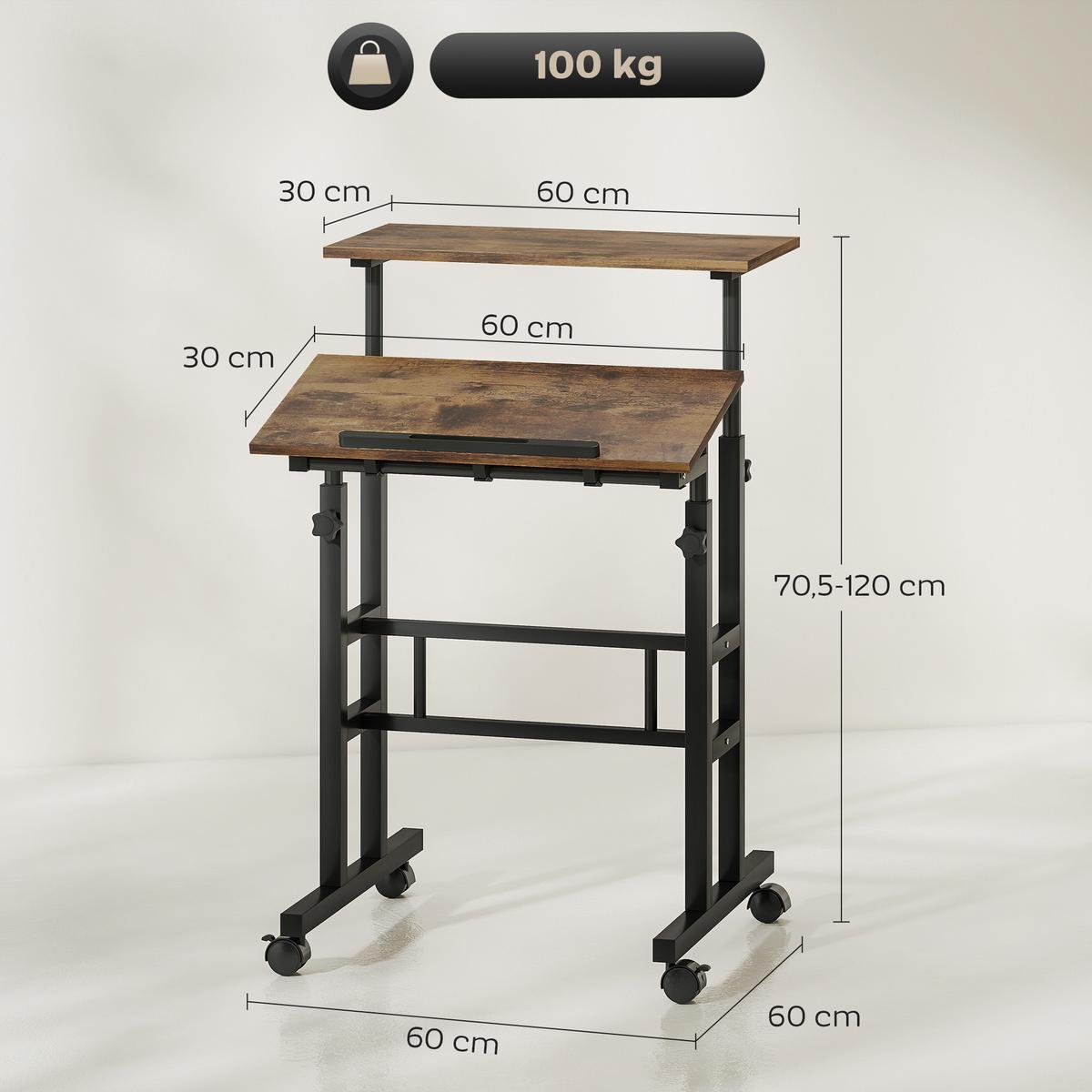 SCHREIBTISCH Höhenverstellbar Küchentisch mit Regal Rollen Rustikal Braun - Schwarz/Braun, Holzwerkstoff/Metall (60/60/120cm) - HOMCOM