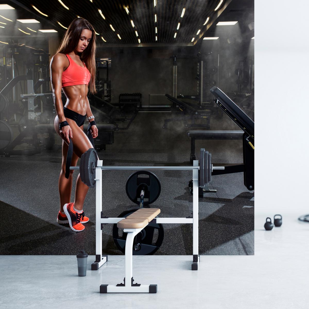 FOTOTAPETE Fit Frau Gym Langhantel Kraft Sport Fitnessstudio 350x256 - Schwarz/Braun, Papier (350/256cm) - Muralo
