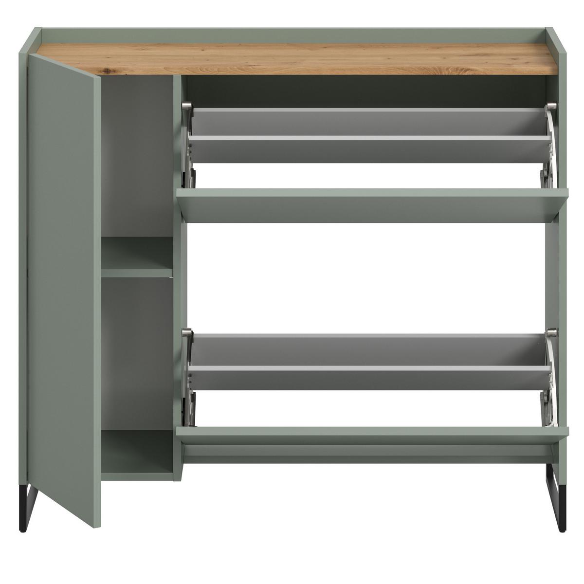 SCHUHKIPPER Salbei grün, Artisan Eiche 110 x 94 cm, Schuhschrank mit Soft-Close - Salbeigrün/Schwarz, Holzwerkstoff/Metall (110/94/32cm) - Inn.Furn