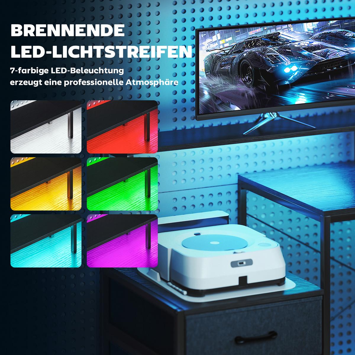 GAMING Tisch L-förmiger 165 x 80 cm Schreibtisch mit LED & Steckdosen 2 Schublad - Schwarz, Holzwerkstoff/Metall (165/80/91.5cm) - HOMCOM