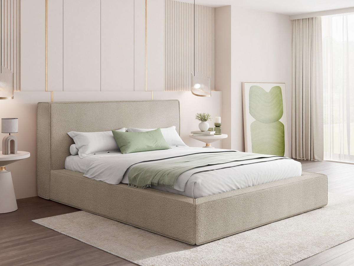 POLSTERBETT Merlin mit Bettkasten, Metall-Lattenrost & hohem Kopfteil in Beige Bouclé 140x200 cm - Beige/Birkefarben, Kunststoff/Textil (140/200cm) - WFL GROUP