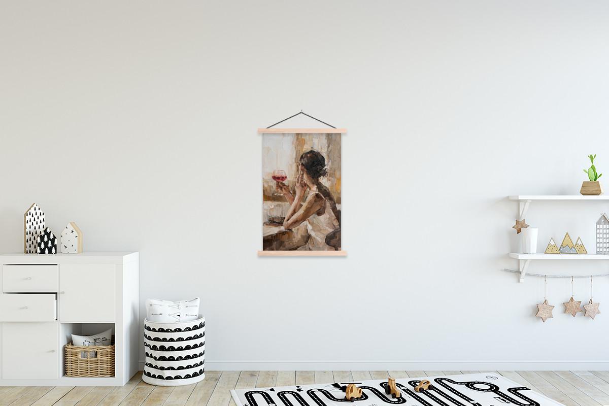 POSTER MIT MAGNETLEISTEN Ölgemälde - Frau - Wein Wandbild Schlafzimmer 60x90 cm - Hellbraun, Textil (60/90/0.15cm) - MuchoWow