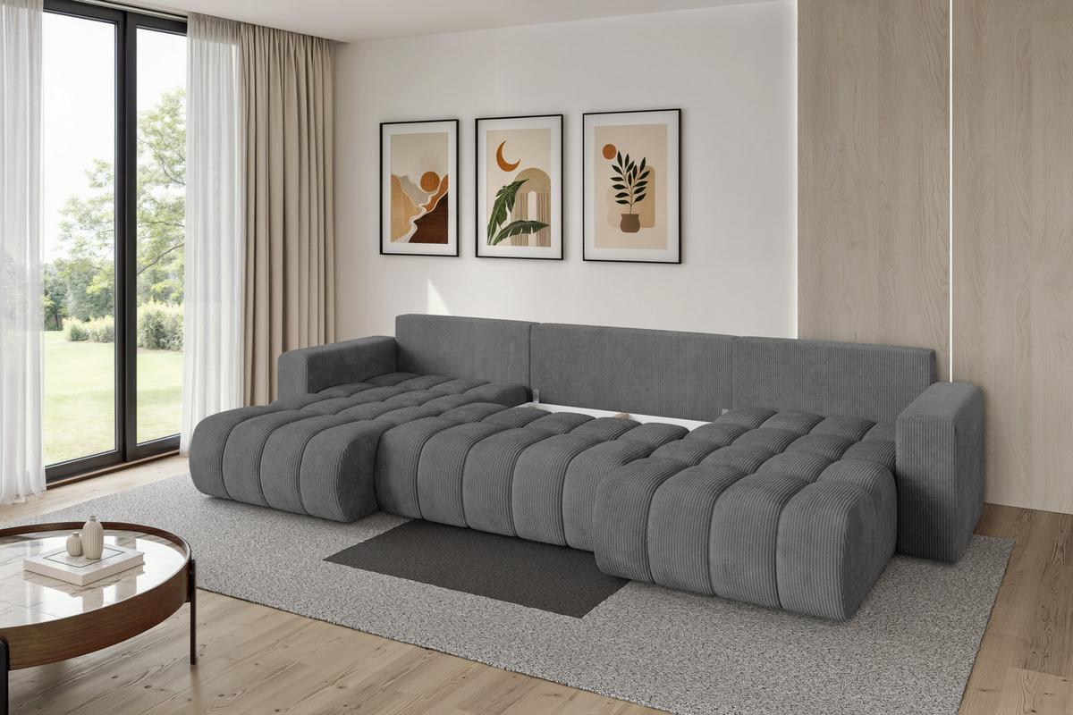 WOHNLANDSCHAFT mit Schlaffunktion und Bettkasten MILA-U-v1 378x194x86 Dunkelgrau Cord - Dunkelgrau/Schwarz, Holzwerkstoff/Kunststoff (378/86/194cm) - ALTDECOR