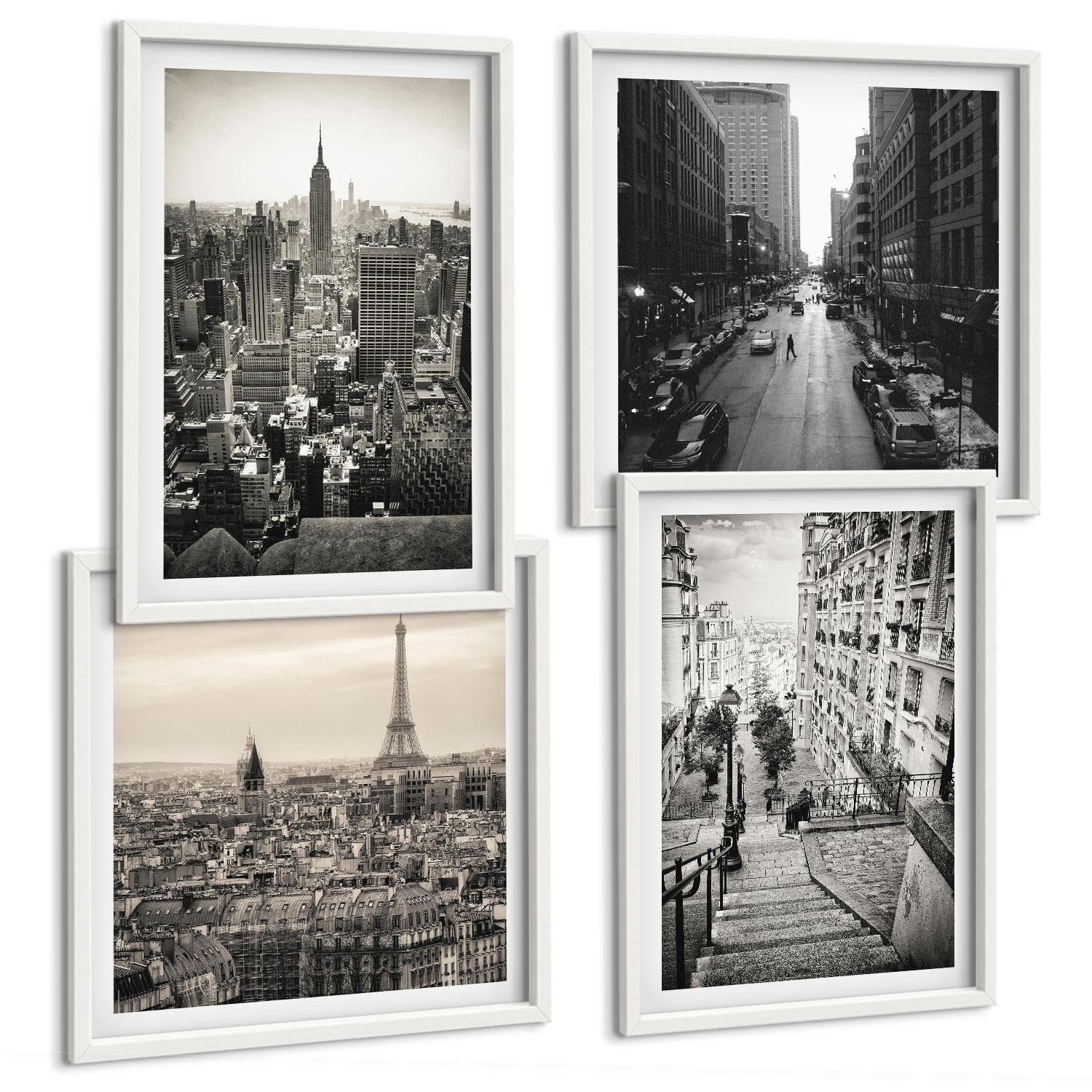 BILDER SET 4er Set - 50x50 cm & 40x60 cm Weißer Rahmen - Aussicht Paris New York Treppen - Weiß, Kunststoff (50/50cm) - TULUP