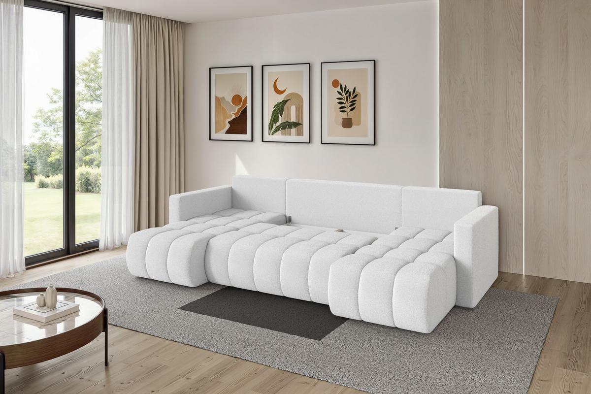 WOHNLANDSCHAFT mit Schlaffunktion und Bettkasten GARD-U 300x146x85 Weiß Bouclé - Schwarz/Weiß, Holzwerkstoff/Kunststoff (300/85/146cm) - ALTDECOR