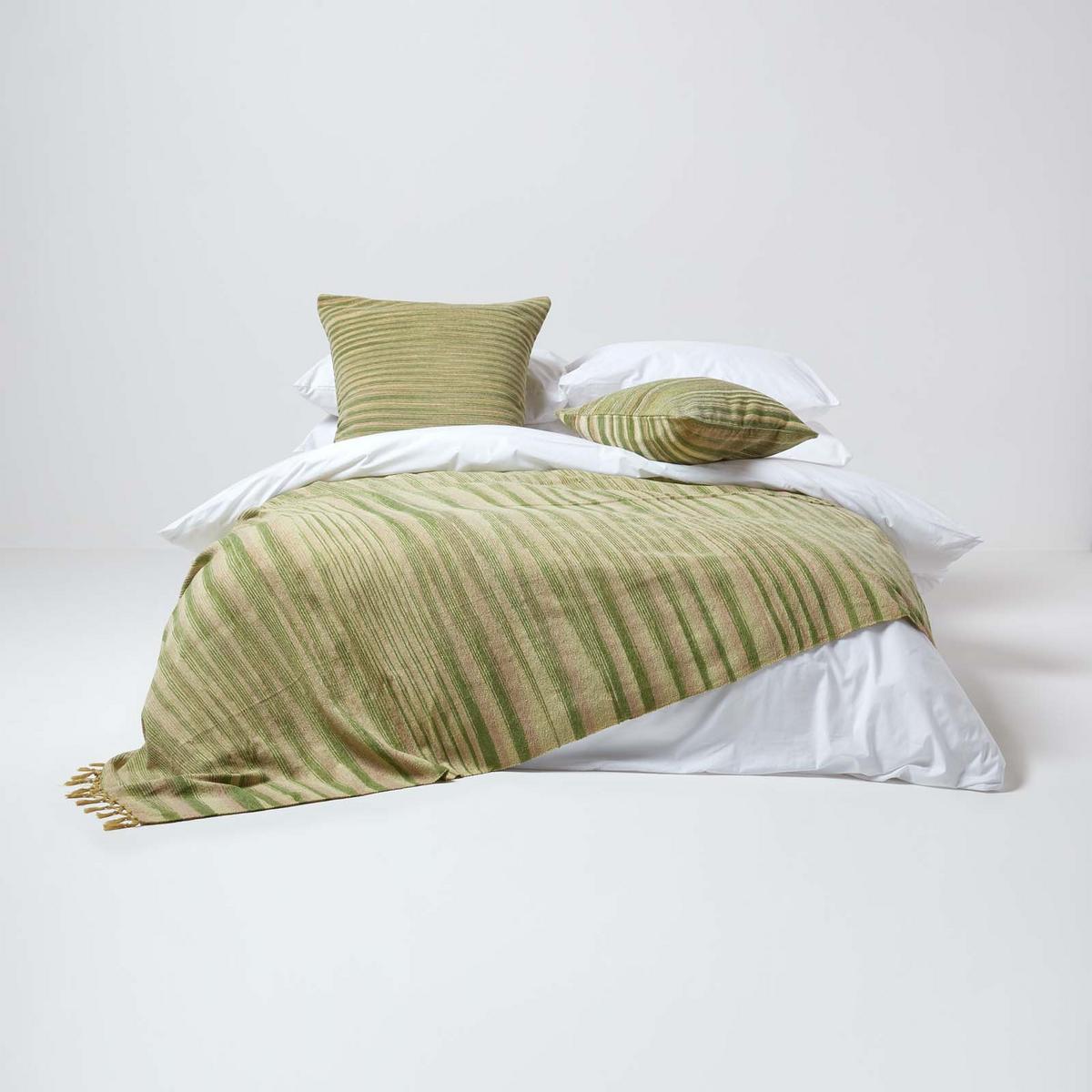 WOHNDECKE Chenille 220/240 cm, 100% Baumwolle gestreift - Grün, Textil (220/240cm) - Homescapes