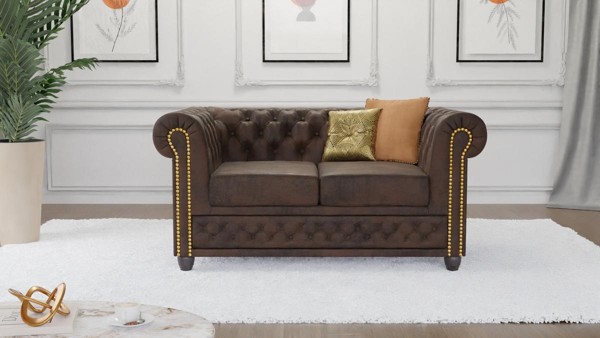 CHESTERFIELD-SOFA 2-sitzer Flux Dunkelbraun Microfaser Vintageoptik - Dunkelbraun/Braun, Holz/Textil (148/72/86cm) - S-Style Möbel