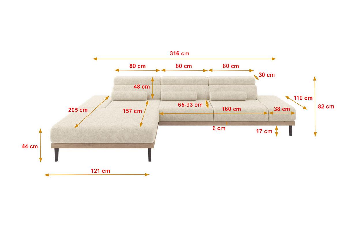 ELEKTRISCHES ECKSOFA Links MONA 316x205x85 Creme Velours - Creme, Holzwerkstoff/Textil (316/205cm) - ALTDECOR