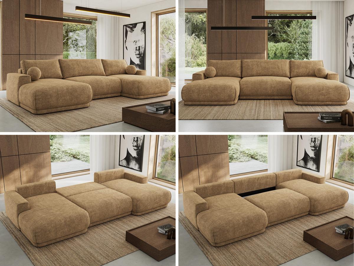 WOHNLANDSCHAFT RINA U Hellbraun Schenille grob gewebt - Hellbraun/Schwarz, Kunststoff/Textil (360/85/170cm) - MKS