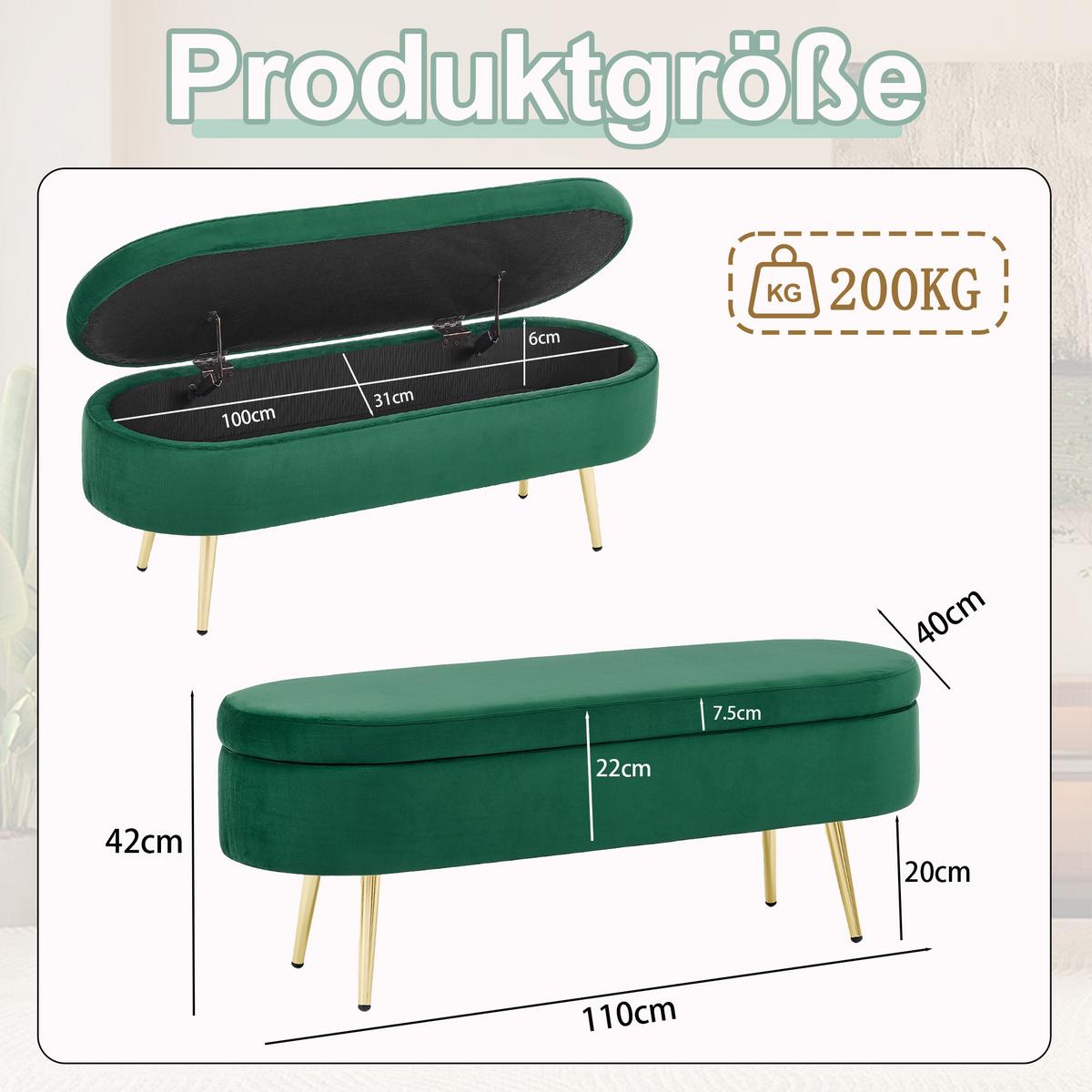 AUFBEWAHRUNGSTRUHE velvet & gold 110 cm - Dunkelgrün, Textil (110/42/40cm) - Urban Meuble