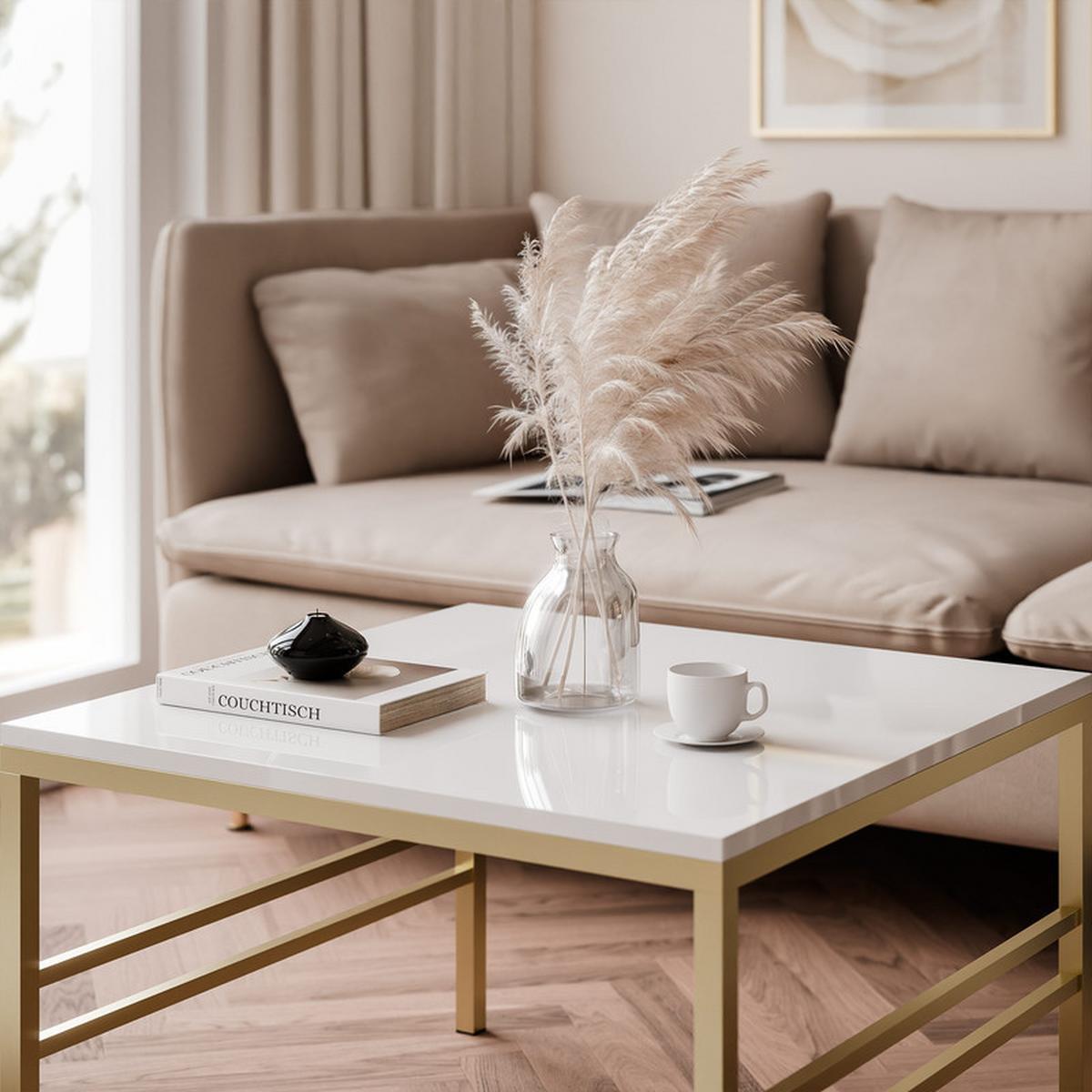 COUCHTISCH FORMA 60/60 cm Quadrat, Gold / Weiß Hochglanz - Weiß Hochglanz/Goldfarben, Metall (60/60/40cm) - Idohome