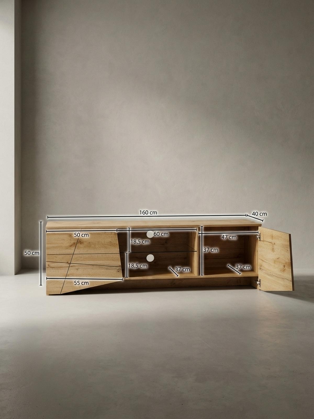 LOWBOARD Eiche-Dekor Modern Stil für 70-Zoll Fernseher mit Glasablage - Braun, Holz (160/50/40cm) - KADIMA DESIGN