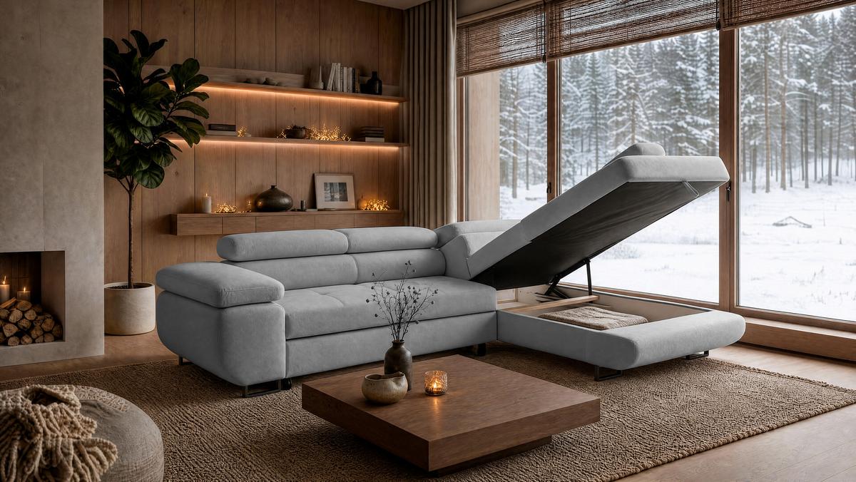 ECKSOFA Velmo mit Bettkasten und Schlaffunktion, verstellbaren Kopfstützen, in L-Form - Hellgrau, Textil (275/203cm)