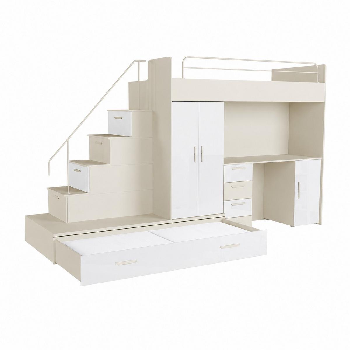 KINDERZIMMER Set RAJ 5, Hochglanz mit Hochbett, Schrank und Schreibtisch - Kaschmir/Weiß Hochglanz, Holzwerkstoff (320/180/86cm) - Lookway