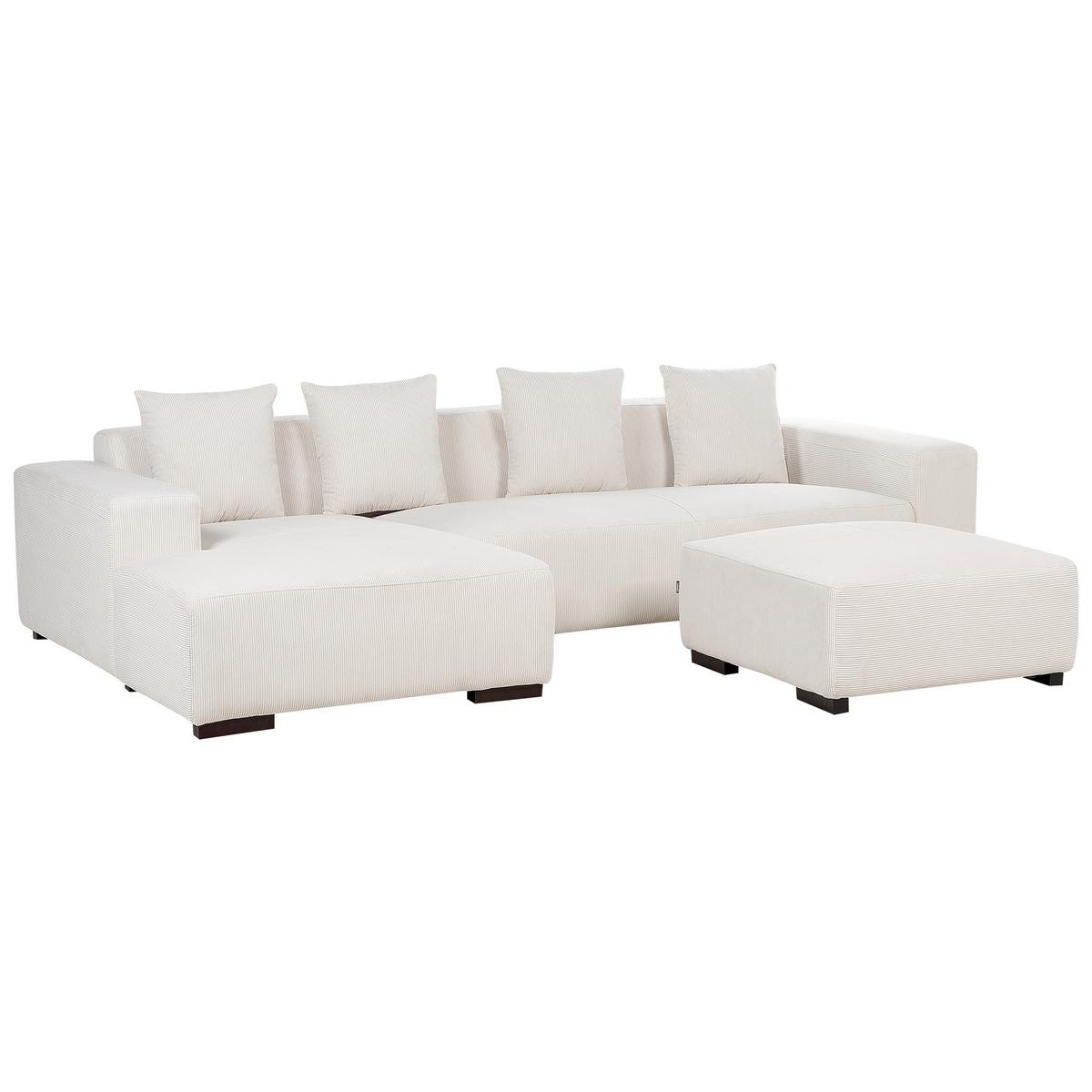 ECKSOFA 4-Sitzer Cord Cremeweiß mit Ottomane rechtsseitig Lungo - Creme/Weiß, Textil (285/160cm) - Beliani