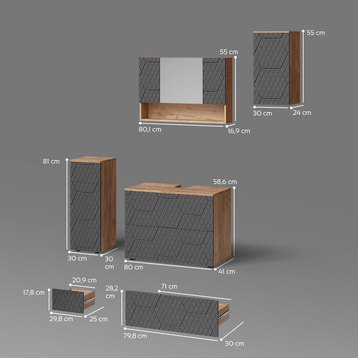 BADMÖBEL-SET Ronco Anthrazit mit Wabenstruktur 4 Teile - Anthrazit, Holzwerkstoff (80/58/41cm) - Livinity®