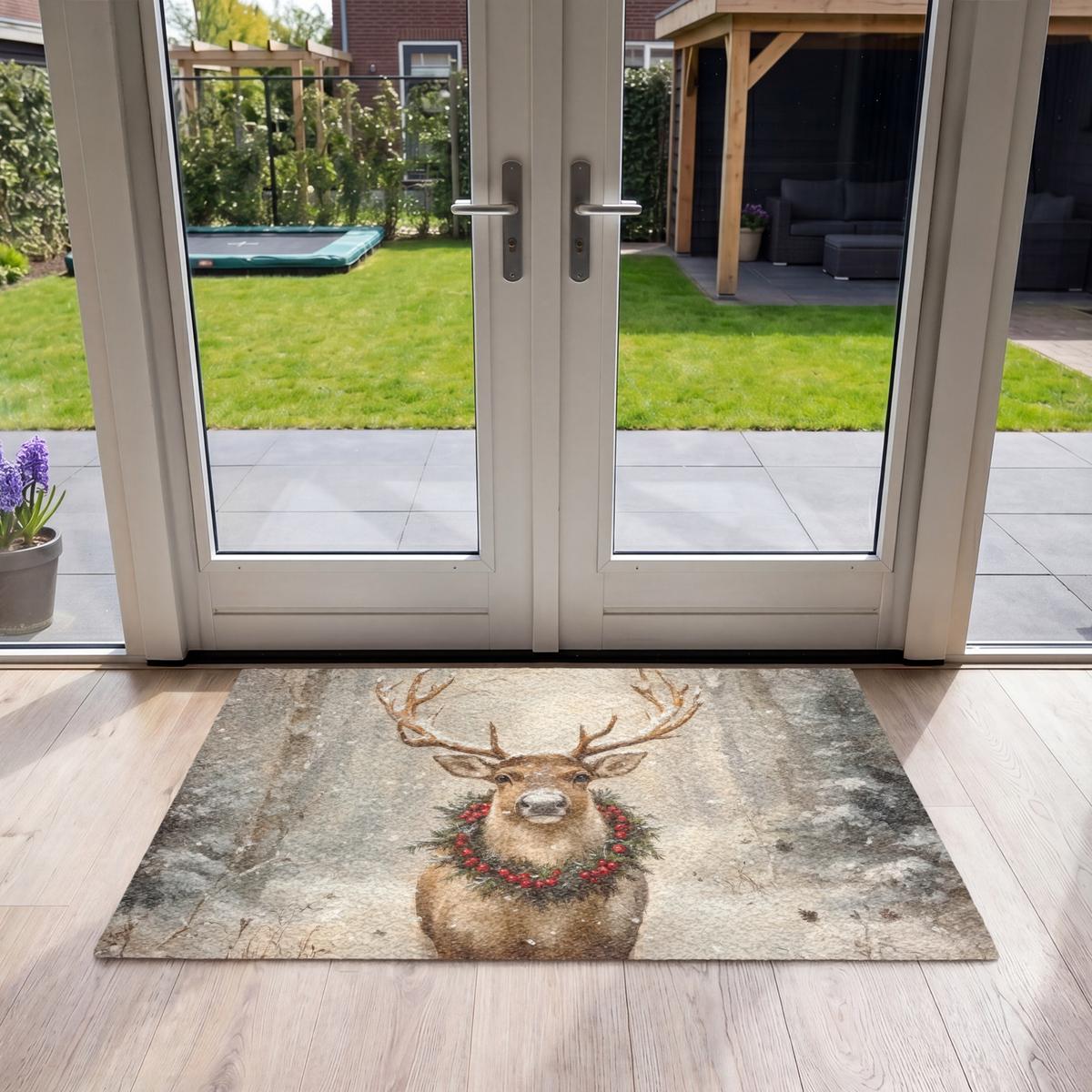 FUSSMATTE Weihnachten - Rentier - Winter - Kranz Flurteppich 120x80 cm - Braun, Kunststoff (120/0.4cm) - MuchoWow