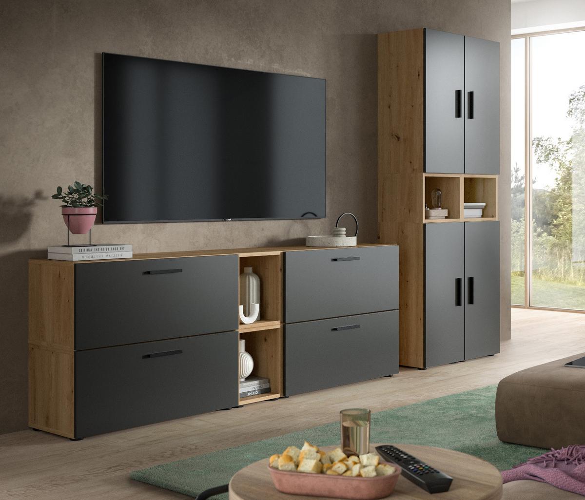 WOHNWAND grau, Eiche Artisan 256 x 178 cm, Schrankwand mit Soft-Close - Schwarz/Eiche Artisan, Holzwerkstoff/Kunststoff (256/151/34cm) - Inn.Furn