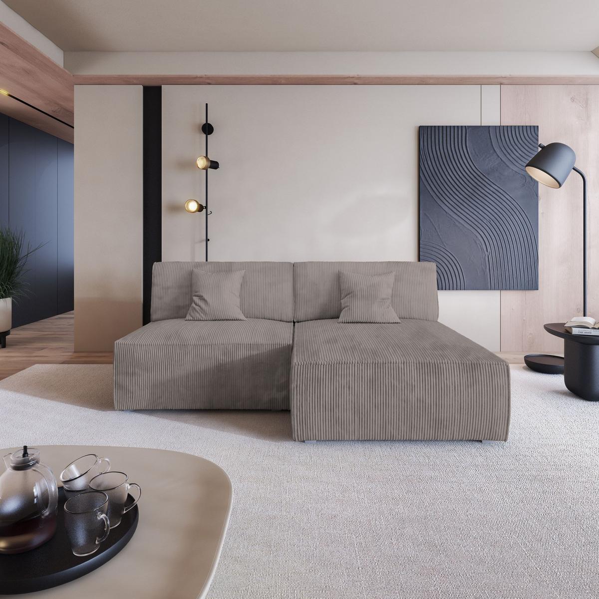 ECKSOFA FIORO P Beige Kordstoff mit Schlaffunktion - Beige/Grau, Holz/Kunststoff (204/148cm) - MASSENO