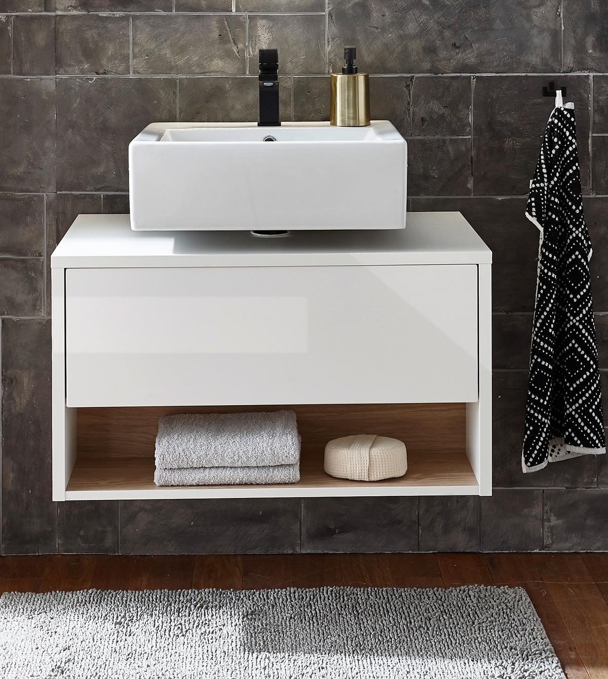 WASCHBECKENUNTERSCHRANK weiß Hochglanz, Eiche 80 cm, Bad Unterschrank mit Push-to-Open - Weiß Hochglanz, Holzwerkstoff (80/46/46cm) - Furn.Design