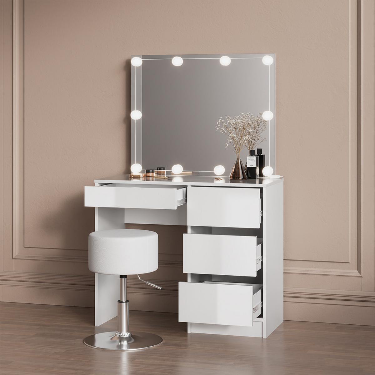 SCHMINKTISCH-SET Imola Weiß 90 cm mit Hocker - Weiß, Holzwerkstoff (90/75/40cm) - Livinity®