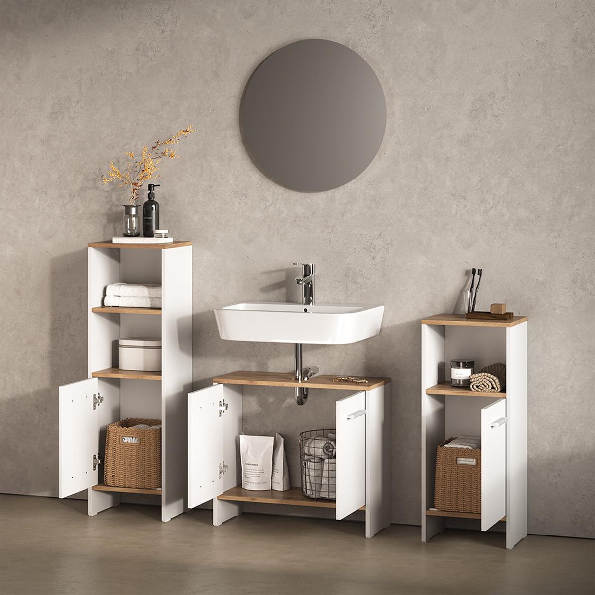BADMÖBEL-SET Amalfi Weiß/Goldkraft Eiche 3-teilig - Honigeiche/Weiß, Holzwerkstoff (131.4/108.2/26.3cm) - Livinity®
