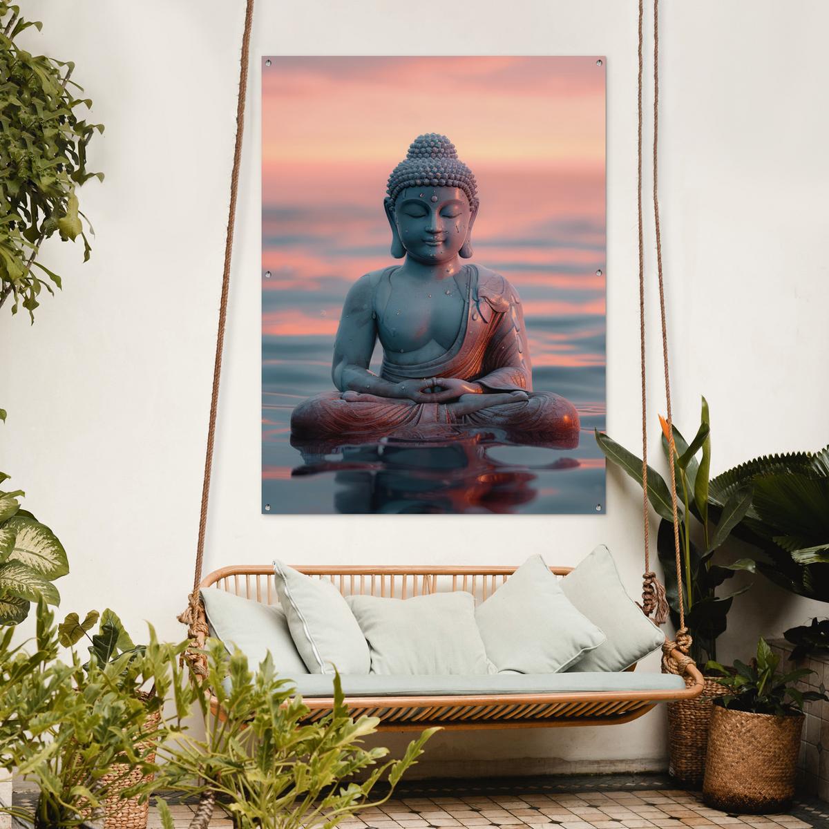 GARTENPOSTER Buddha - Statue - Buddha - Wasser - Kunst - Buddha Gartendekoration 120x160 cm - Blaugrau, Kunststoff (120/160/0.2cm) - OnlyWow