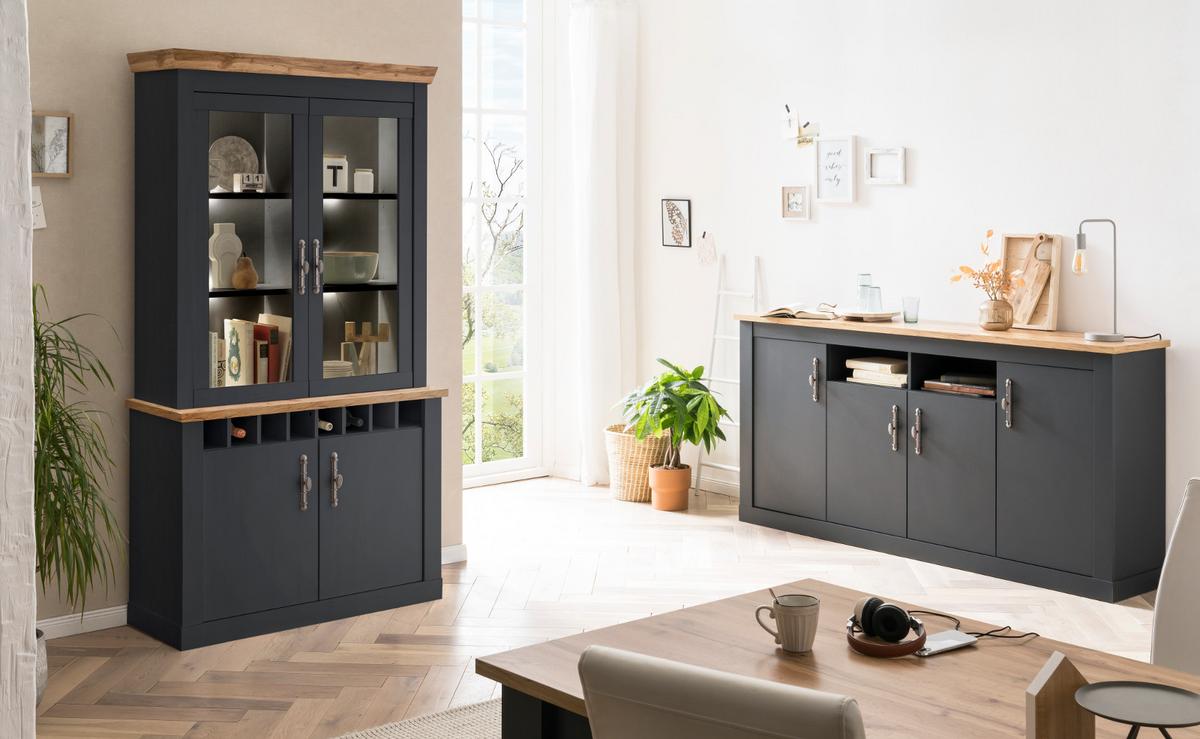 SIDEBOARD grau, Eiche Wotan, Landhaus 200 cm, Kommode mit Soft-Close - Silberfarben/Eiche Wotan, Holzwerkstoff/Kunststoff (200/104/45cm) - Furn.Design