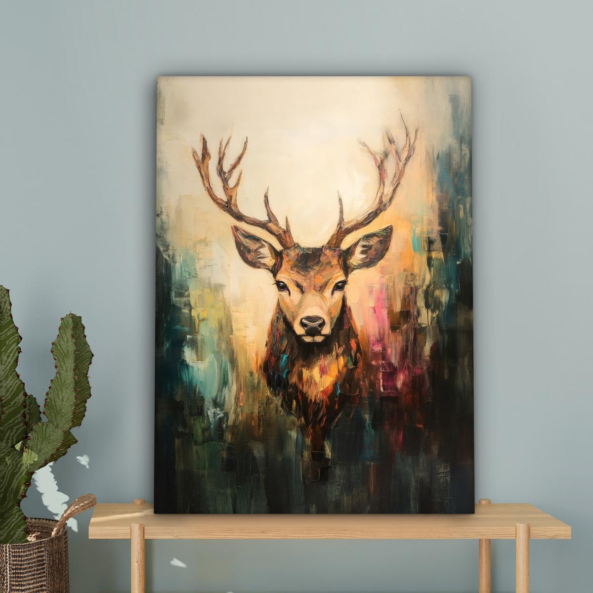 LEINWANDBILD Hirsch - Gemalt - Geweih - Braun Wandbild Wohnzimmer 60x80 cm - Haselnussfarben, Textil (60/80cm) - MuchoWow