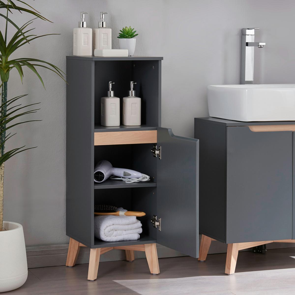 BADEZIMMERSCHRANK Overath - Naturfarben/Grau, Eichenholz/Holzwerkstoff (30/86/30cm) - [en.casa]