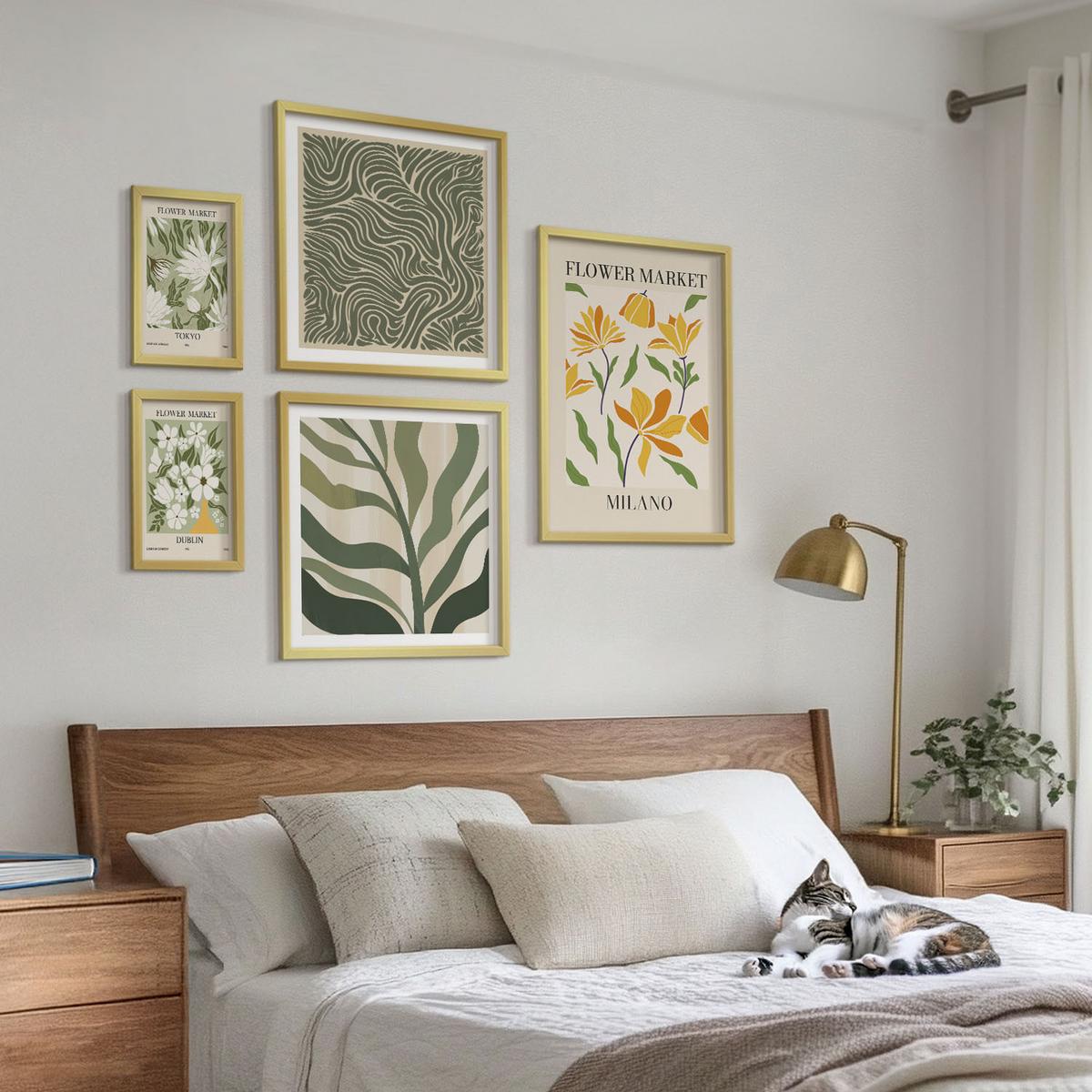 BILDER SET 5er Set - 50x50 cm & 20x30 cm & 40x60 cm Goldrahmen - Pflanzenmuster, Boho-Dekorationen - Goldfarben, Kunststoff (40/60cm) - TULUP