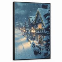 LEINWAND Bilder mit Rahmen - Weihnachtsdorf - Weihnachten - Schnee - Winter - 60x90 - Dunkelblau, Textil (60/90cm) - MuchoWow
