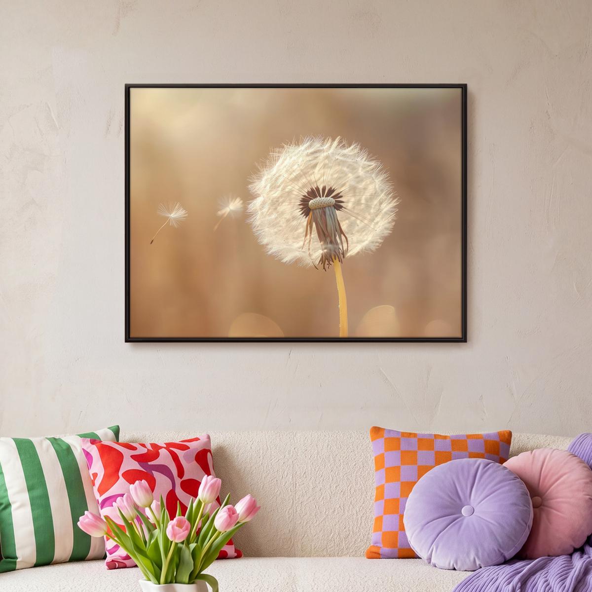 LEINWAND Bilder mit Rahmen - Löwenzahn - Beige - Natur - Blume - 80x60 - Hellbraun, Textil (80/60cm) - MuchoWow