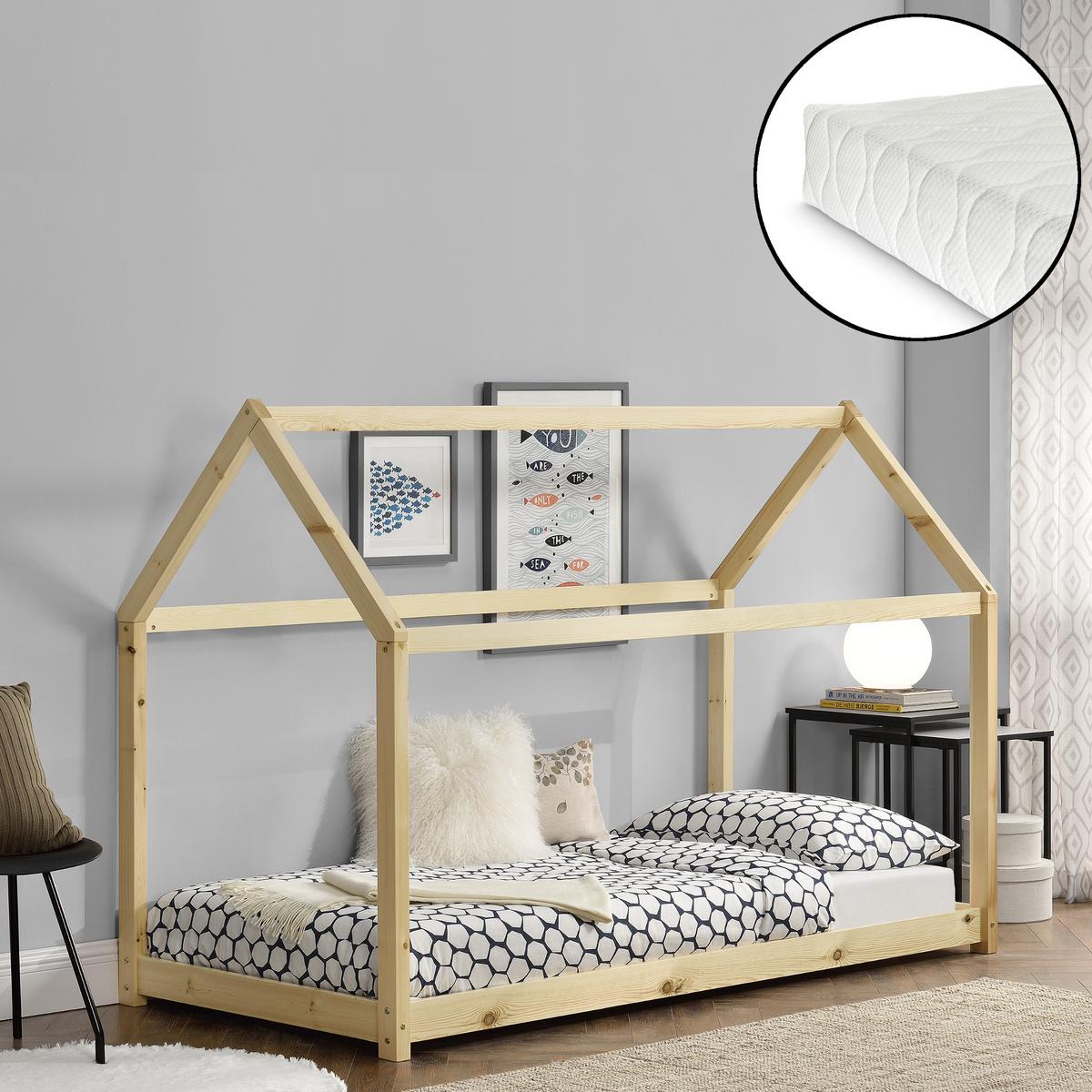 HAUSBETT Netstal mit Matratze - Naturfarben, Holz/Textil (90/200cm) - [en.casa]