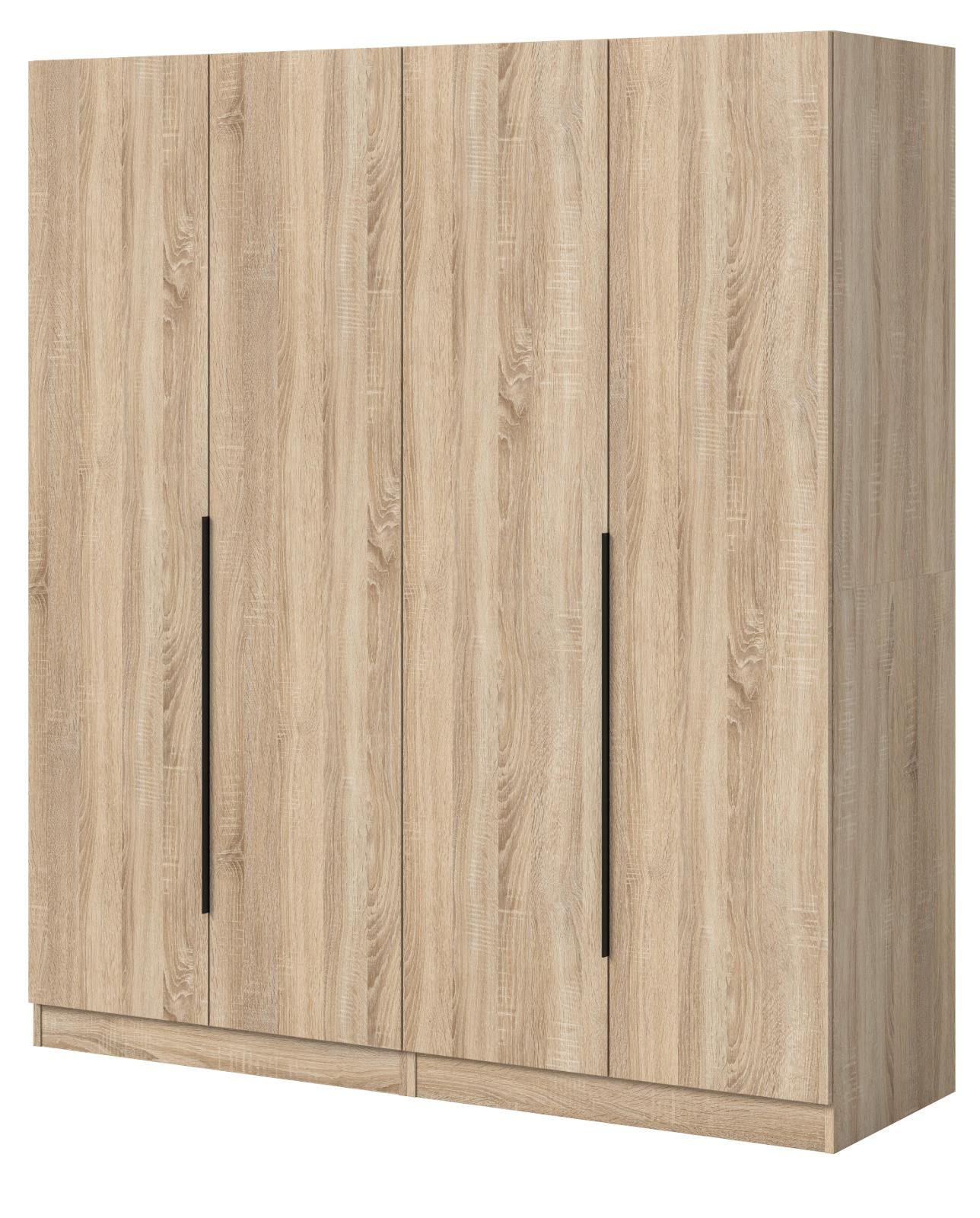 KLEIDERSCHRANK Eiche Sonoma 4-türig 160 x 181 cm, Drehtürenschrank mit zusätzlichen Einlegeböden - Eichefarben/Schwarz, Holzwerkstoff/Kunststoff (160/181/52cm) - Inn.Furn