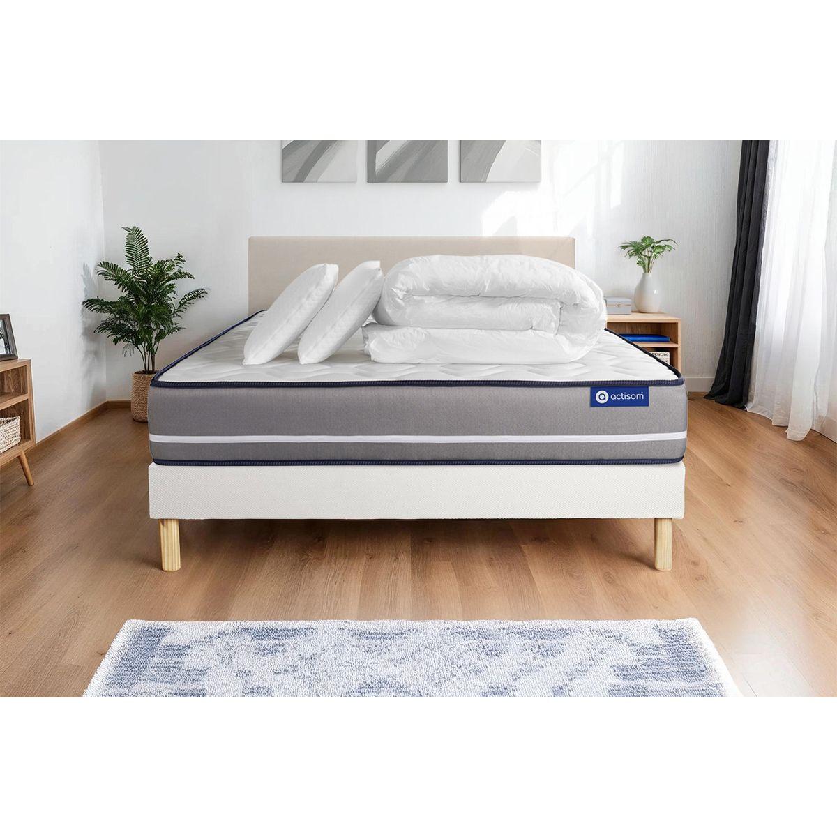 BETT Actimemo pur Memory-Schaum 140 x 200 cm h3 - Kit Bettgestell Weiß - Mit Kissen und Bettdecke - Beige/Weiß, Karton/Holz (140/200cm) - ACTISOM