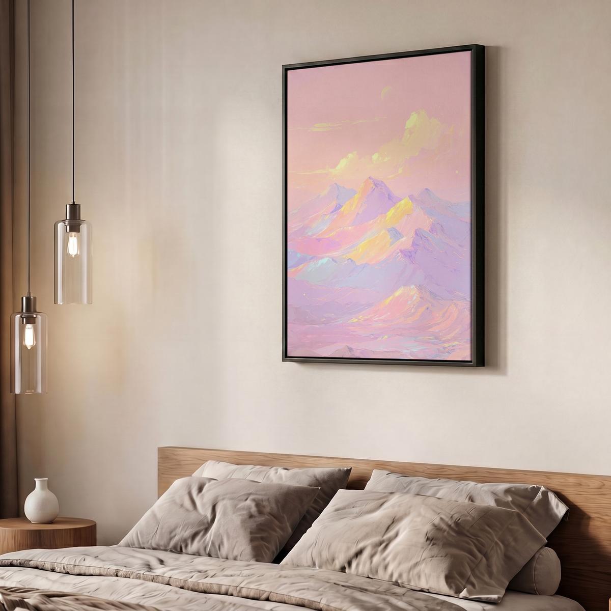 LEINWAND Bilder mit Rahmen - Berggipfel - Wolken - Verträumt - 50x70 - Hellrosa, Textil (50/70cm) - MuchoWow