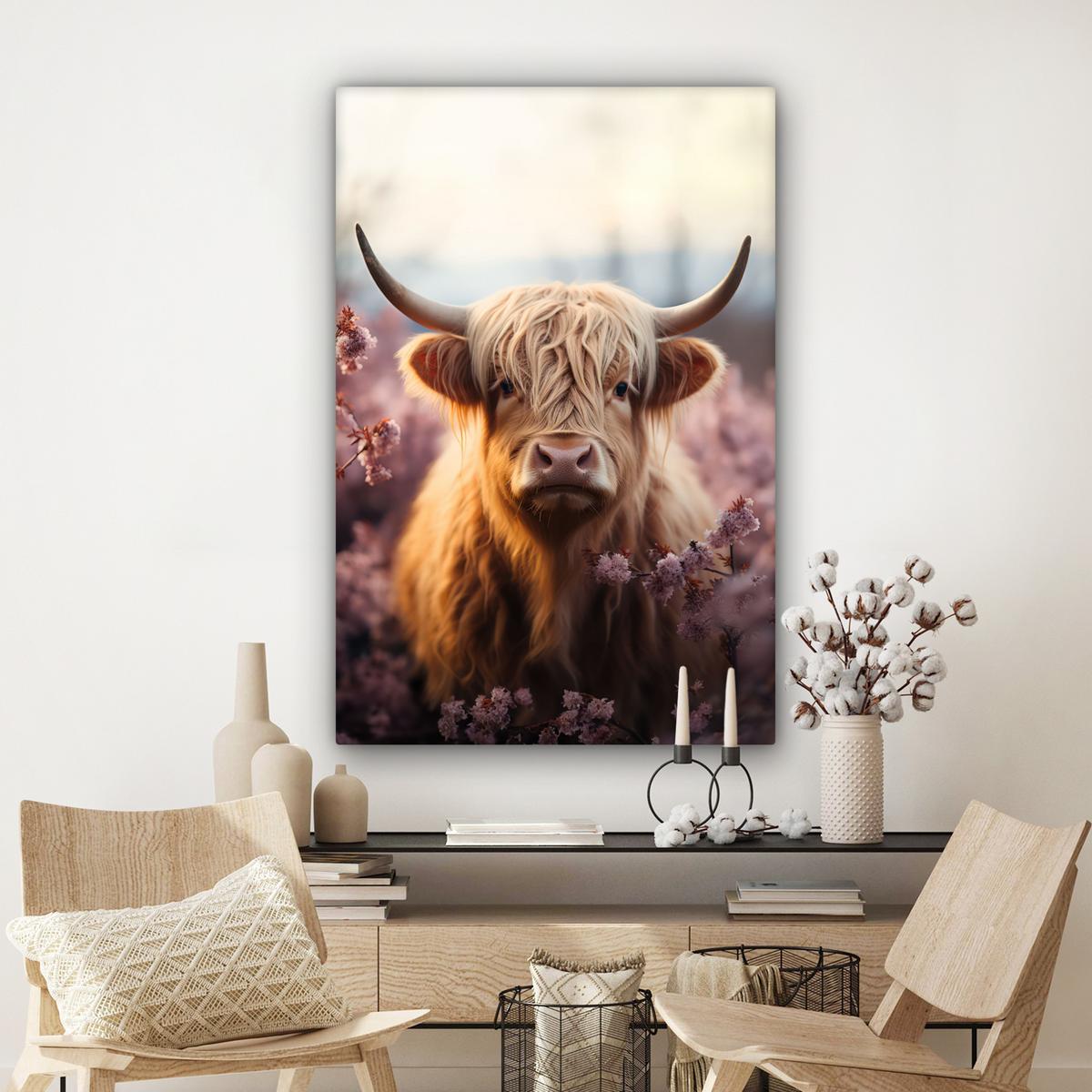 LEINWANDBILD Schottischer Hochländer - Frühling - Hochland Deko XXL 80x120 cm - Hellrosa, Textil (80/120cm) - MuchoWow