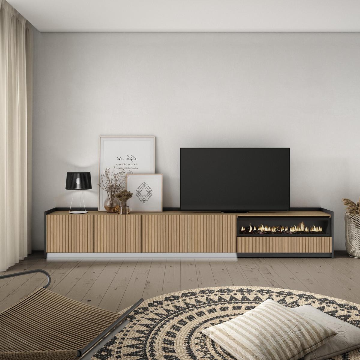 LOWBOARD, Eiche und Schwarz, 310/37/50cm, Elektrokamin, Led - Eichefarben, Holzwerkstoff (310/50/37cm) - Skraut Home
