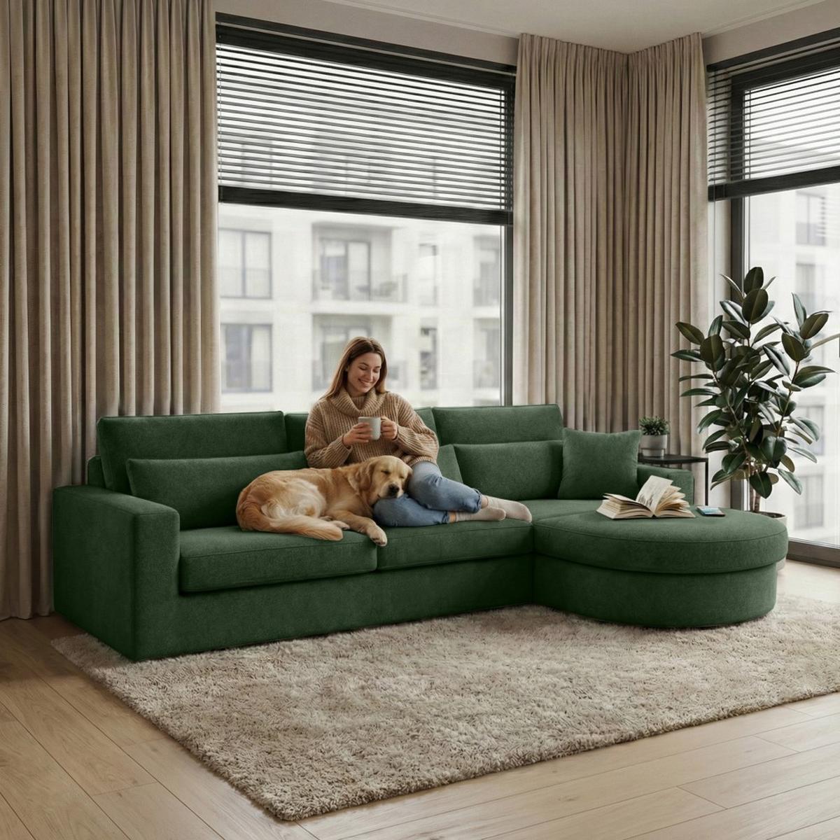 ECKSOFA Pablo ohne Schlaffunktion, mit abgerundeter Ottomane, rechts, Dunkelgrün, Velourstoff - Dunkelgrün, Textil (319/196cm) - Beautysofa