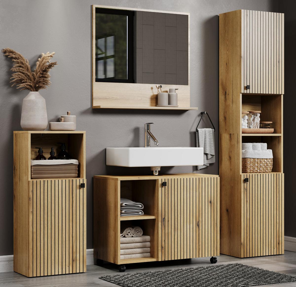 BADMÖBEL-SET Evoke Eiche 4-teilig 180 x 190 cm, Badkombination mit viel Stauraum - Eichefarben/Schwarz, Glas/Holzwerkstoff (40/190/180cm) - Top.Furn