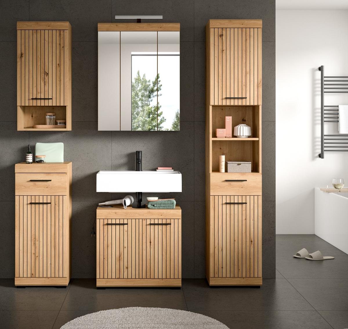 WASCHBECKENUNTERSCHRANK Eiche Artisan 60 cm, Badezimmer Unterschrank 2-türig - Schwarz/Eiche Artisan, Holzwerkstoff/Kunststoff (60/56/34cm) - Inn.Furn