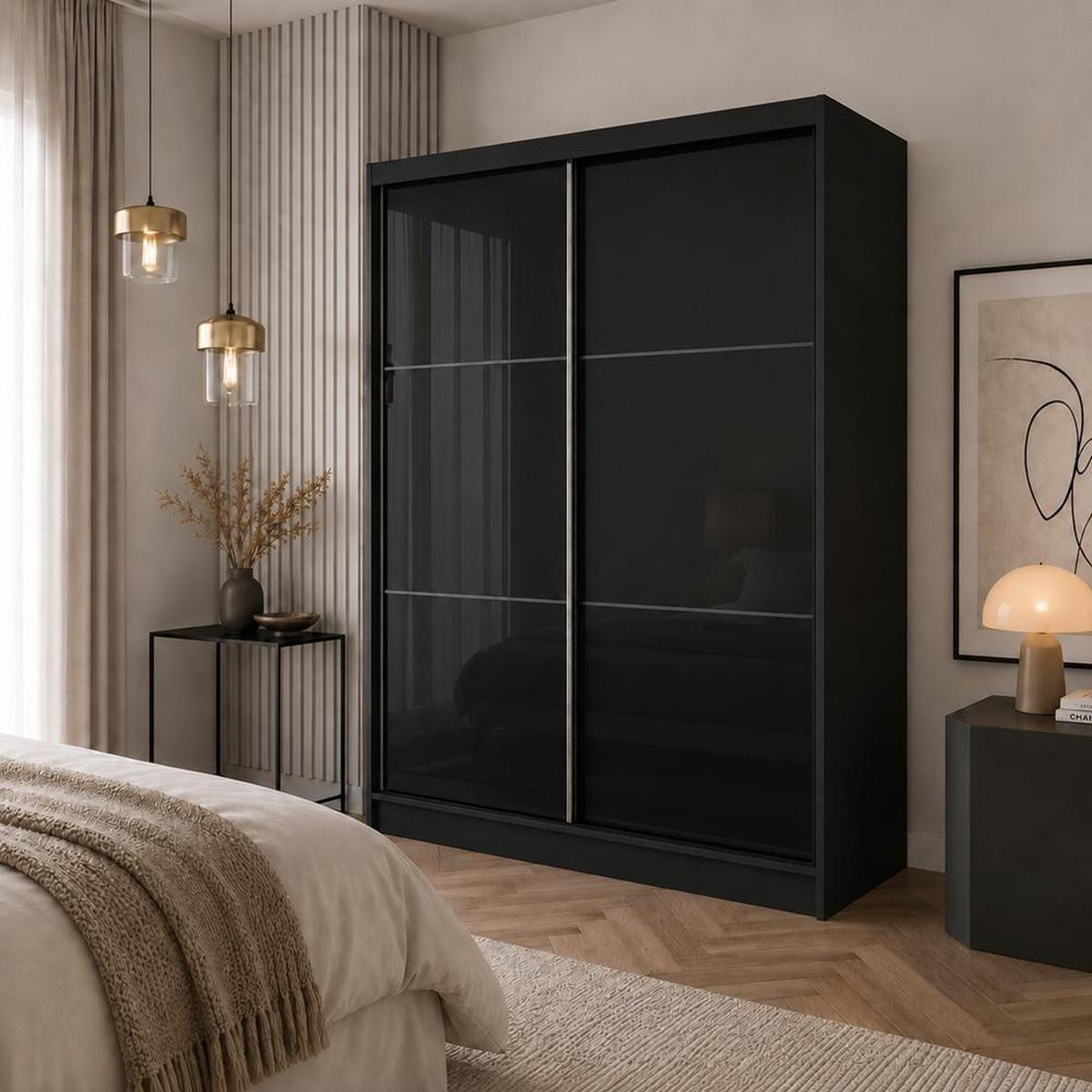 SCHWEBETÜRENSCHRANK Viva 150/216/61 schwarz mit Lacobel-Glas und Schubladeneinsätze - Schwarz, Holzwerkstoff (150/216/61cm) - Beautysofa