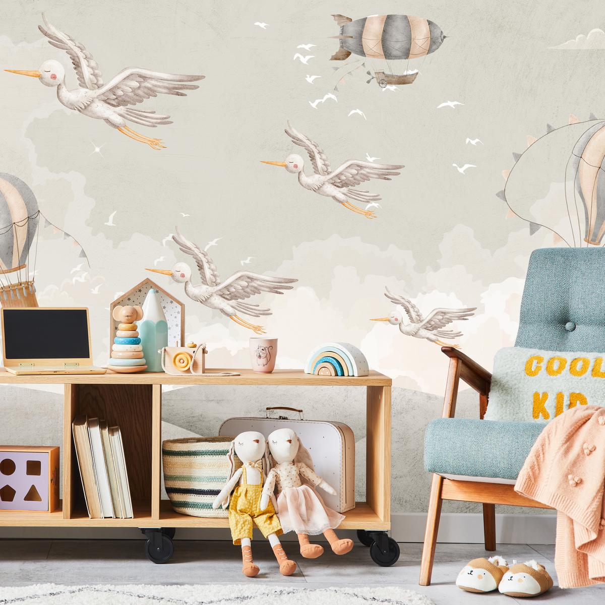 FOTOTAPETE für Kinderzimmer Boho Störche Aquarell Balon Luftschiff Himmel 300x210 - Beige/Weiß, Papier (300/210cm) - Muralo