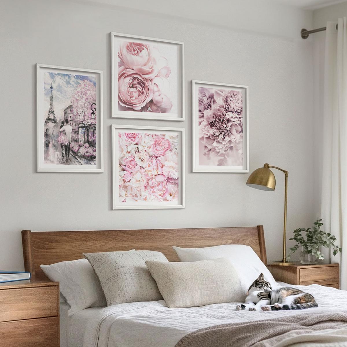 BILDER SET 4er Set - 50x50 cm & 40x60 cm Weißer Rahmen - Rosa Blumen, romantische Landschaft - Weiß, Kunststoff (50/50cm) - TULUP