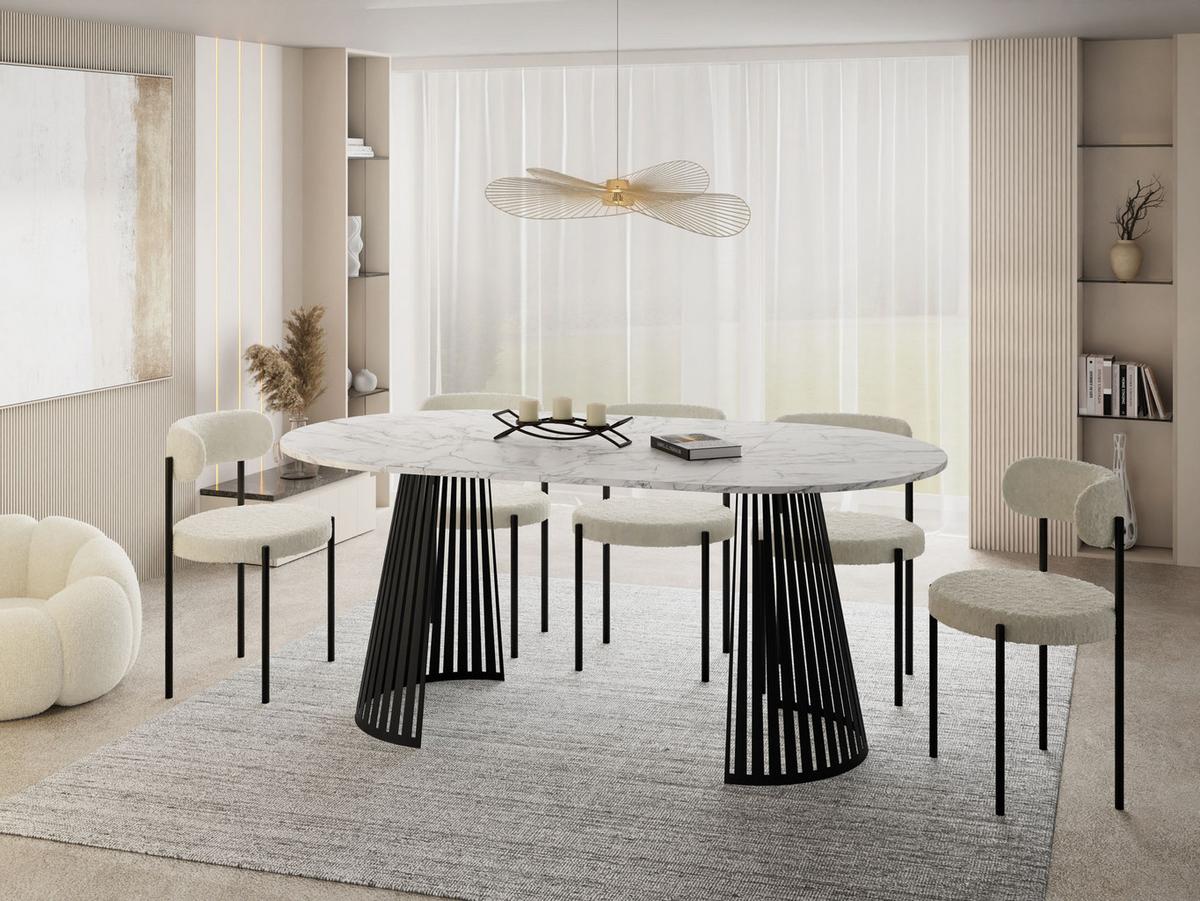 ESSTISCH Naro rund ausziehbar mit Schwarzem Lamellen-Metallgestell, Marmor Weiß 120-200/120/76 cm - Ecru/Schwarz, Holzwerkstoff/Metall (120/196/76cm) - WFL GROUP