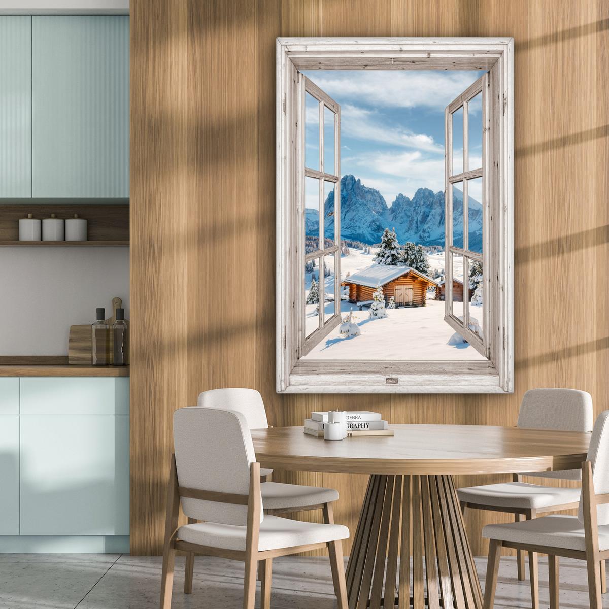 LEINWANDBILD Winterlandschaft - Hütte - Berge - Ausblicke - Aussicht - Natur Deko XXL 80x120 cm - Weiß Hochglanz, Textil (80/120cm) - MuchoWow