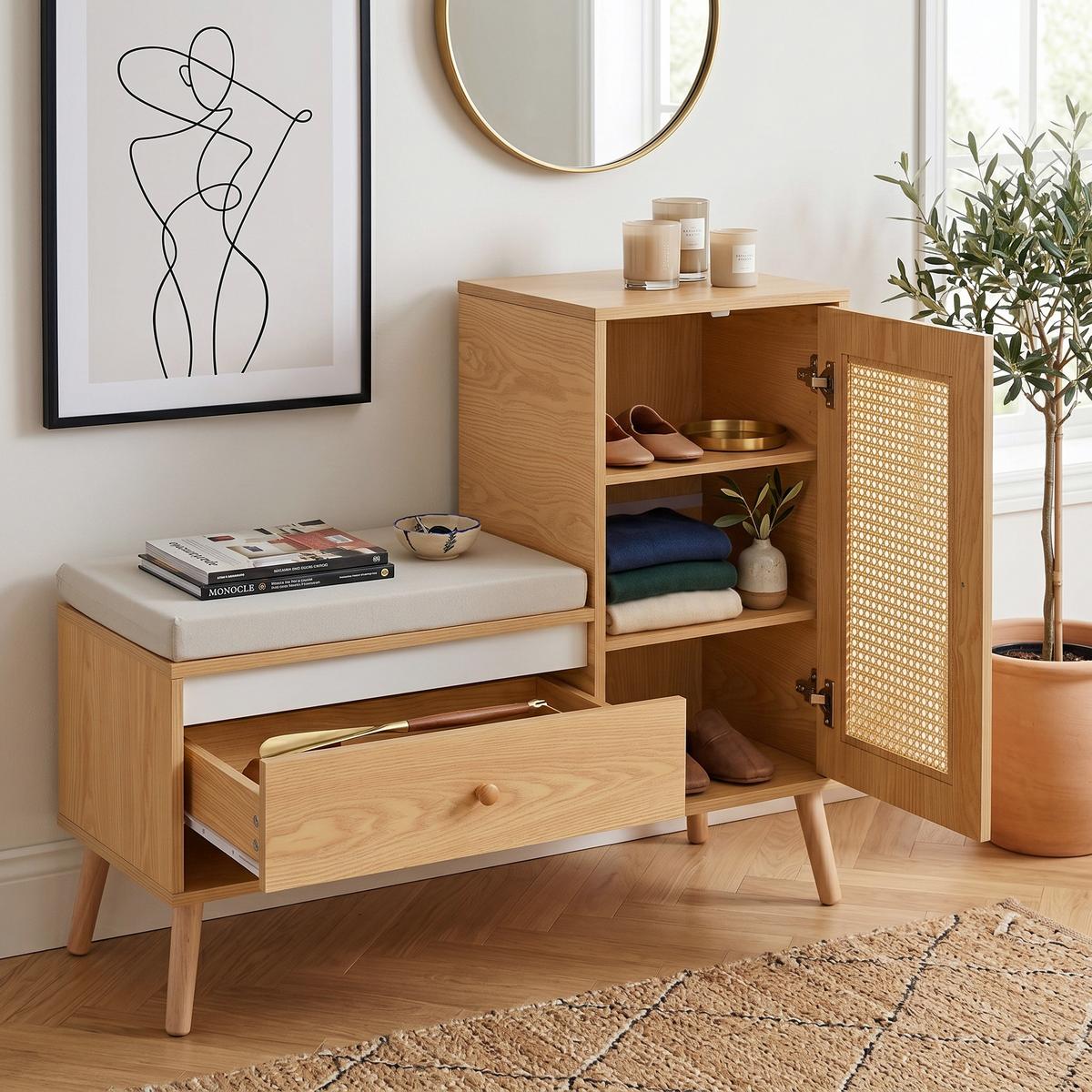 SCHUHSCHRANK in Holz-Optik – Schuhschrank mit Rattan-Tür & Sitzkissen - Naturfarben, Holzwerkstoff (95.5/80.5/35cm) - Urban Meuble